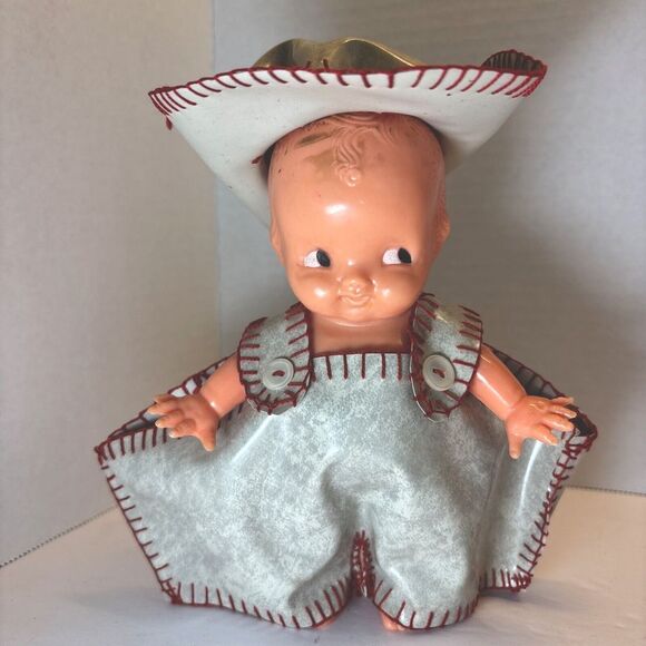 1930a CELLULOID KEWPIE TYPE DOLL SHOT GLASS  HOLDER GRAY OVERALLS SIDEWARD EYES - Picture 3 of 12